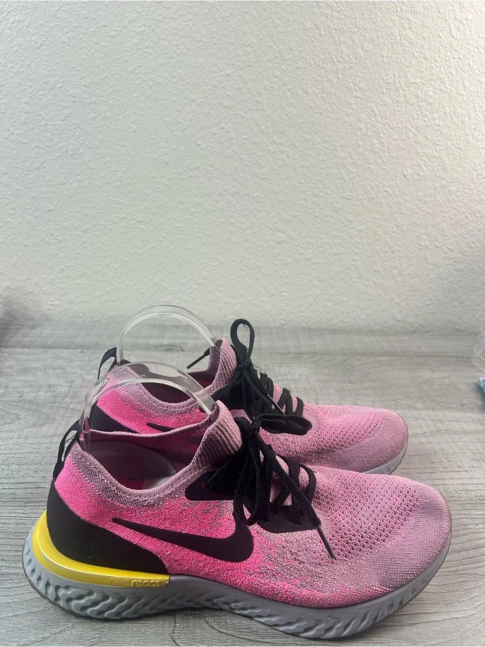 Nike women’s Epic React Flyknit 10.5Pink Black Running Sneakers with Yellow Heel